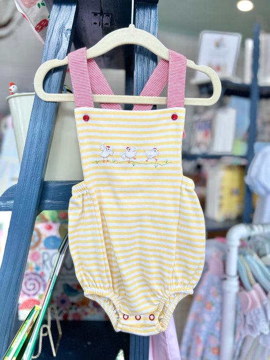 Squiggles Sunsuit - Yellow Stripe Chickens