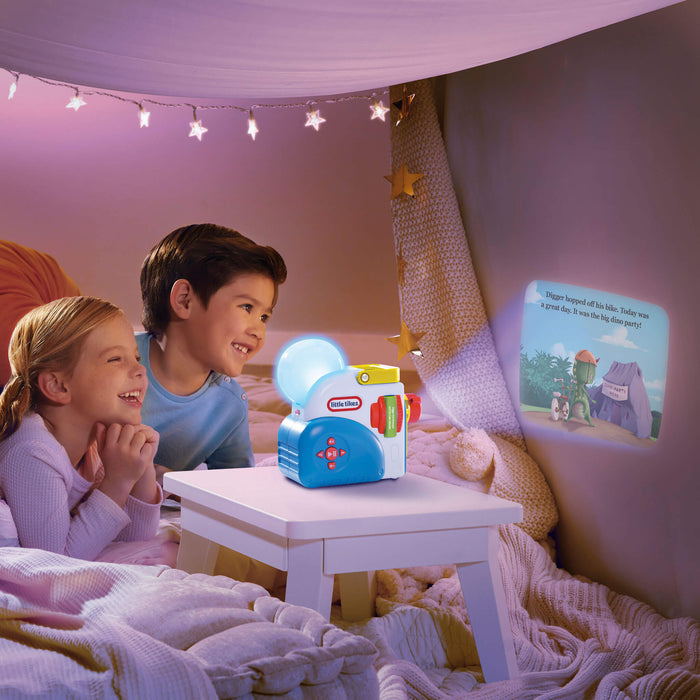 Children in a cozy room watching show on the wall.