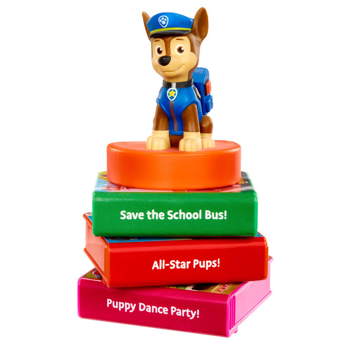 Chase Character sitting on three mini books on a white background