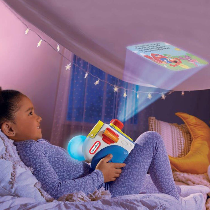 Girl watching a Sesame Street Elmo & Friends Story on the ceiling