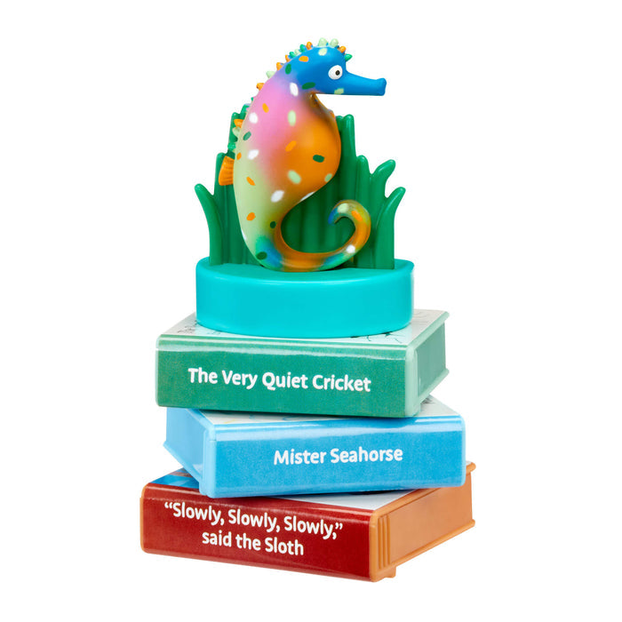 Seahorse Character sitting on three stories on a white background