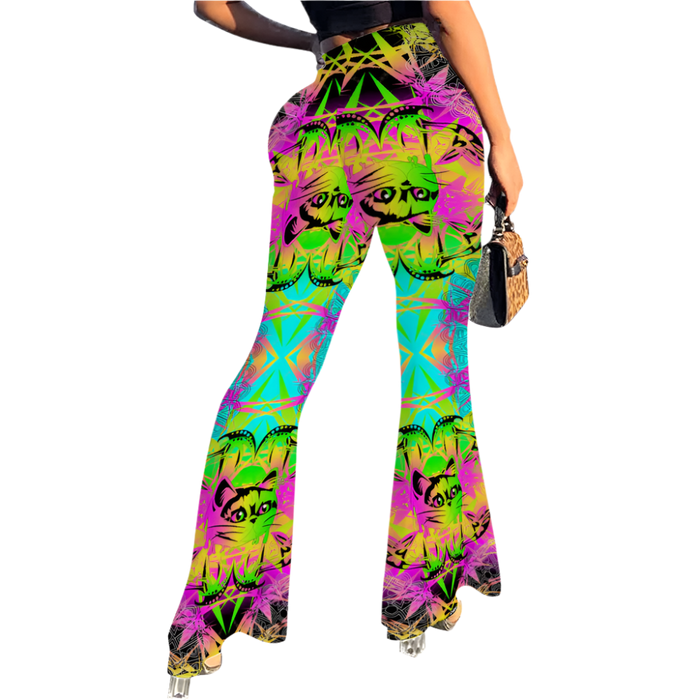 Colorful tie-dye pants with cat pattern worn by a person on a white background