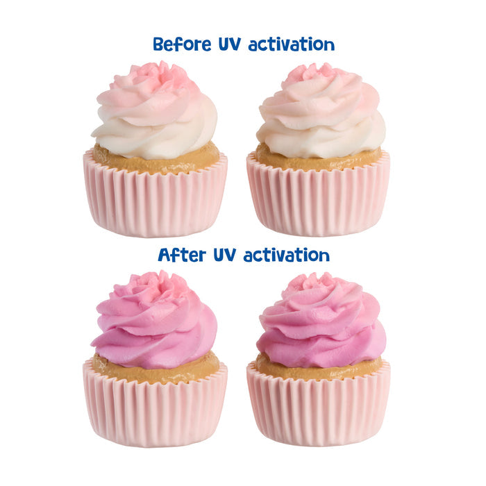 A four-panel comparison showing cupcakes with pink and white frosting under the labels 'Before UV activation' and 'After UV activation.' The top row shows the cupcakes before treatment, with one pink and one white-tipped frosting swirl.