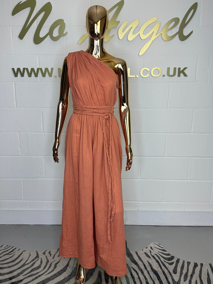 Terracotta One Shoulder Side Split Dress With Plaited Belt