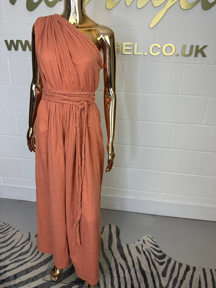 Terracotta One Shoulder Side Split Dress With Plaited Belt