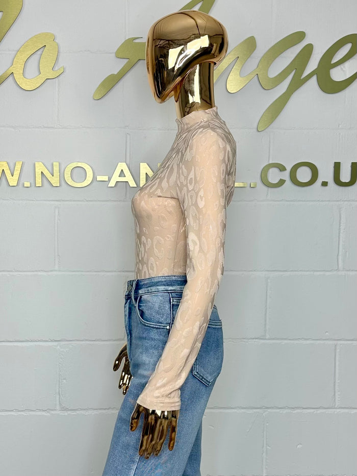 Turtle Neck Long Sleeved Leopard Print Nude Bodysuit