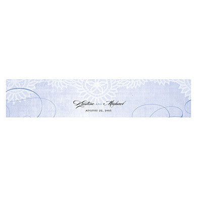 Blue Vintage Lace Water Bottle Sticker Label personalized with bride and groom's name.