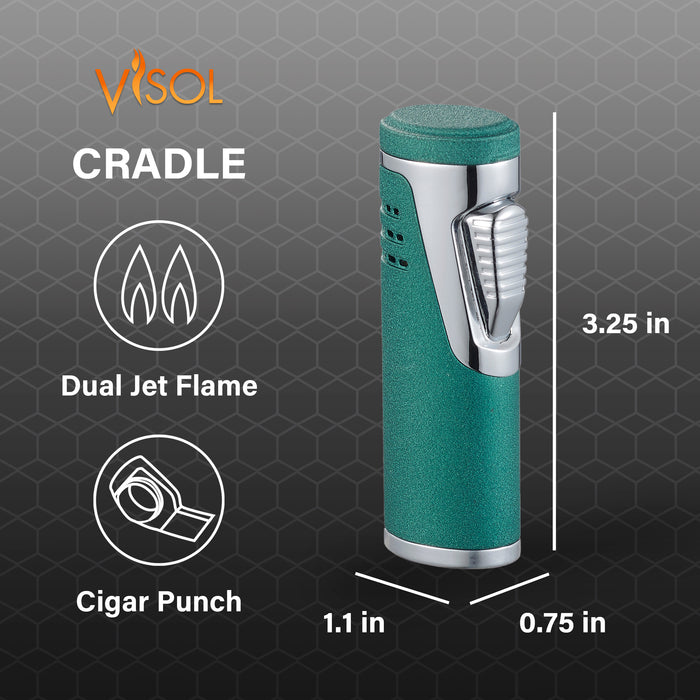 Visol Cradle Double Jet Torch Flame Lighter with Cigar Punch - Green
