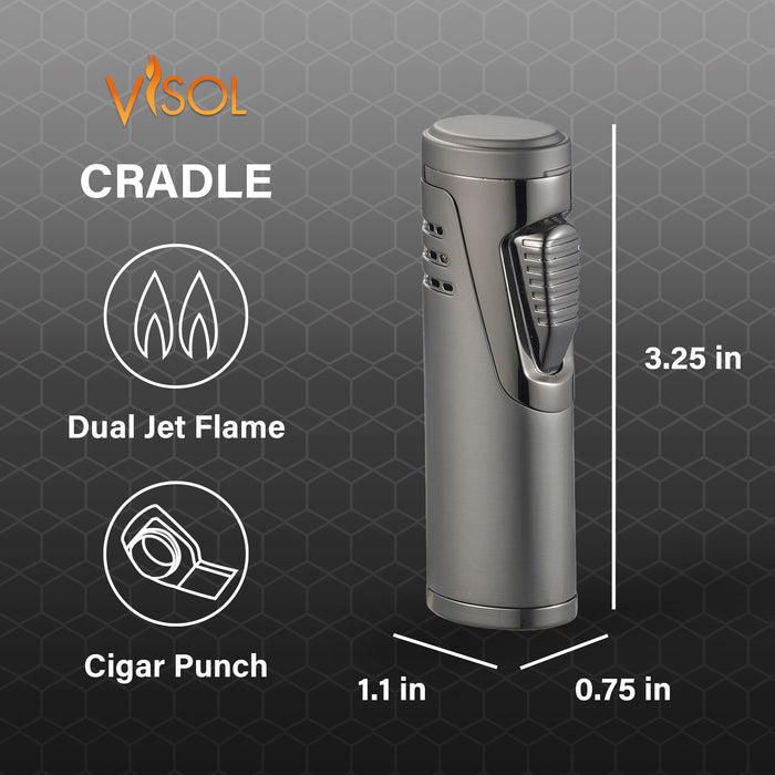 Visol Cradle Double Jet Torch Flame Lighter with Cigar Punch - Gunmetal