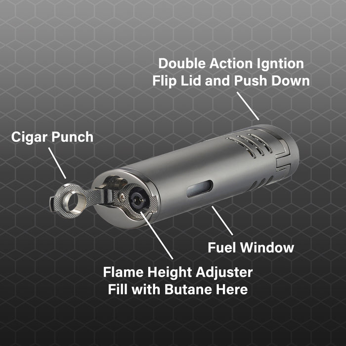 Visol Cradle Double Jet Torch Flame Lighter with Cigar Punch - Gunmetal