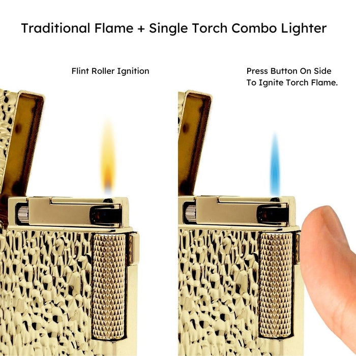 Visol Hubbard Hammered Soft Flame and Torch Flame Flint Lighter - Gold