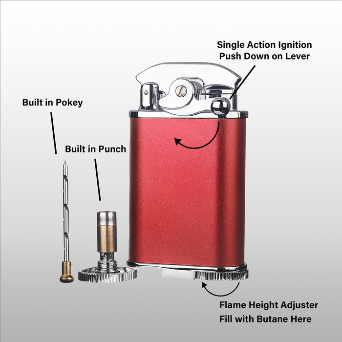 Visol Retro Butane Torch Lighter Triple Flame Refillable Gas Lighter, Built-in Cutter, Detachable Poker and Windproof Adjustable Flame Lighter - Red & Chrome