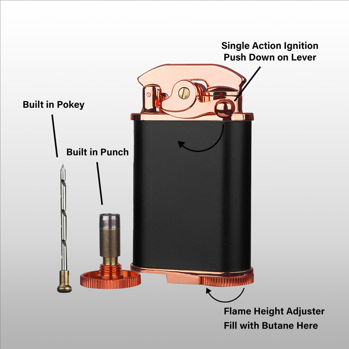 Visol Retro Butane Torch Lighter Triple Flame Refillable Gas Lighter, Built-in Cutter, Detachable Poker and Windproof Adjustable Flame Lighter - Black & Rose Gold