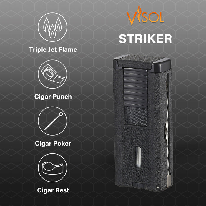 Visol Striker Triple Torch Flame Lighter with Cigar Poker - Black