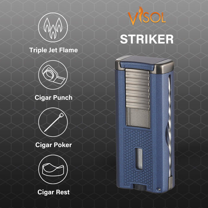 Visol Striker Triple Torch Flame Lighter with Cigar Poker - Blue