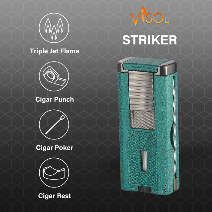 Visol Striker Triple Torch Flame Lighter with Cigar Poker - Green