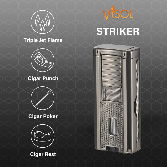 Visol Striker Triple Torch Flame Lighter with Cigar Poker - Gunmetal
