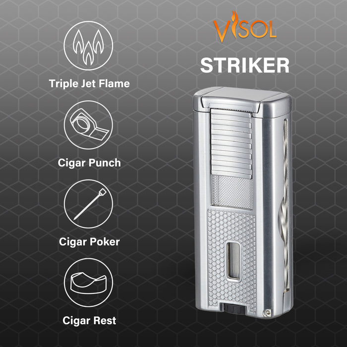 Visol Striker Triple Torch Flame Lighter with Cigar Poker - Silver