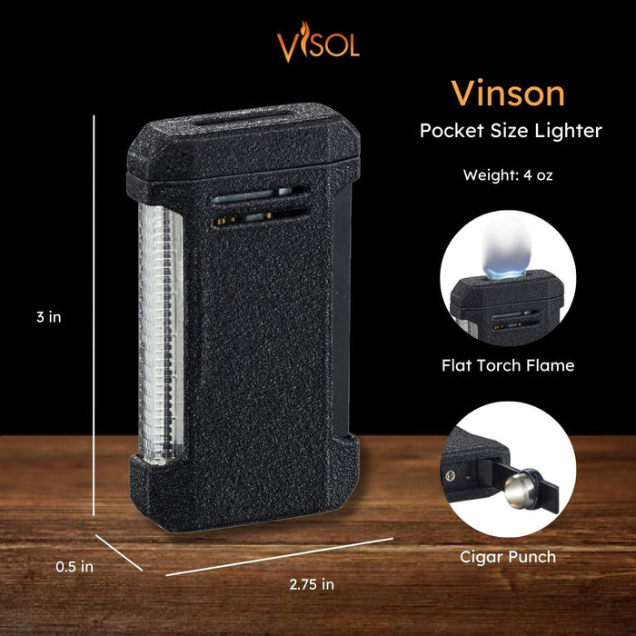 Visol Vinson Flat Torch Flame Lighter with Cigar Punch - Black