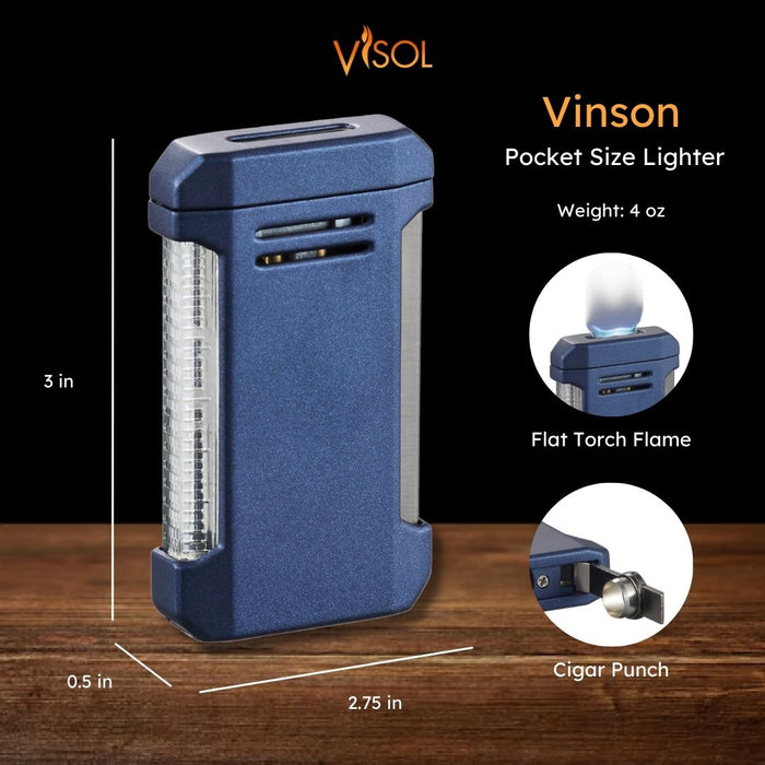 Visol Vinson Flat Torch Flame Lighter with Cigar Punch - Blue