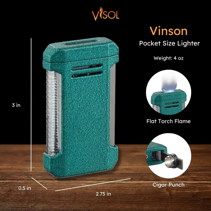 Visol Vinson Flat Torch Flame Lighter with Cigar Punch - Green