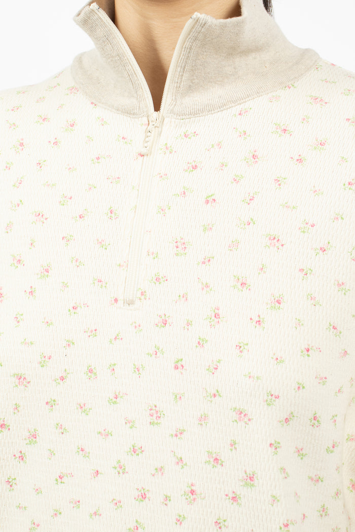 Waffle Callico Print Half Zip Jumper Pink