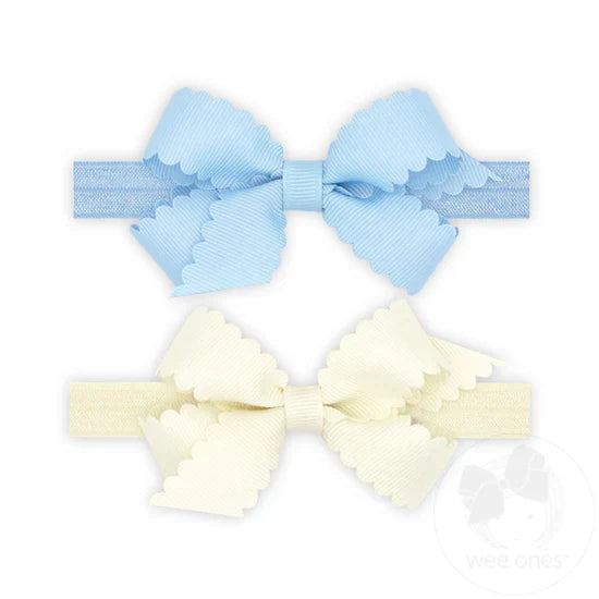Wee Ones Bows - 2 Pack with Band - Millennium Blue and Antique White Scallop