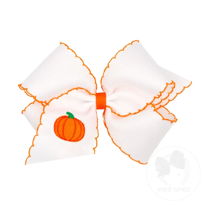 Wee Ones Bows - King - White w/ Orange Moonstitch Edge and Pumpkin Embroidery