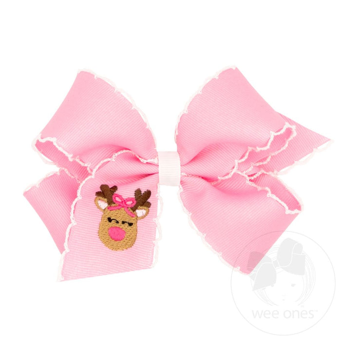 Wee Ones Bows - Medium - Moonstitched Pink with Reindeer Embroidery