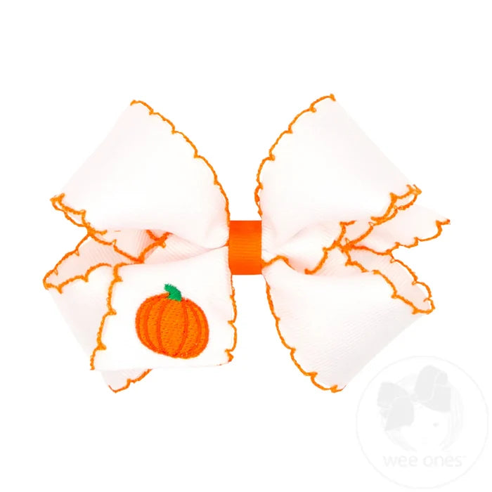 Wee Ones Bows - Medium - Moonstitched White with Pumpkin Embroidery