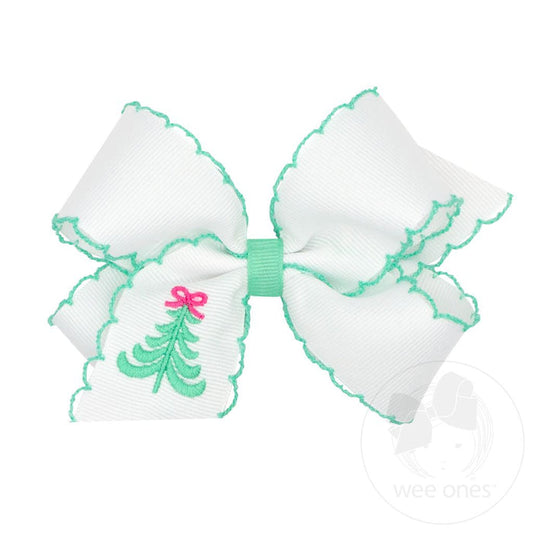 Wee Ones Bows - Medium - Moonstitched White with Tree Embroidery