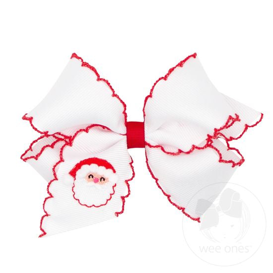 Wee Ones Bows - Medium - White w/ Red Moonstitch and Santa Embroidery