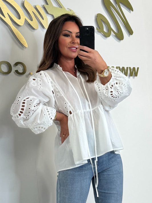 White Embroidery Anglaise Open Collar Peplum Shirt