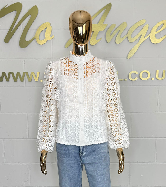 White Long Sleeve Laser Cut Button Up Shirt
