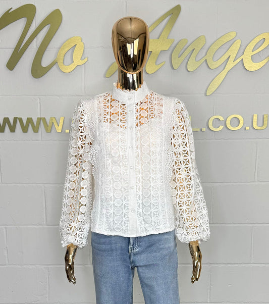 White Long Sleeve Laser Cut Button Up Shirt