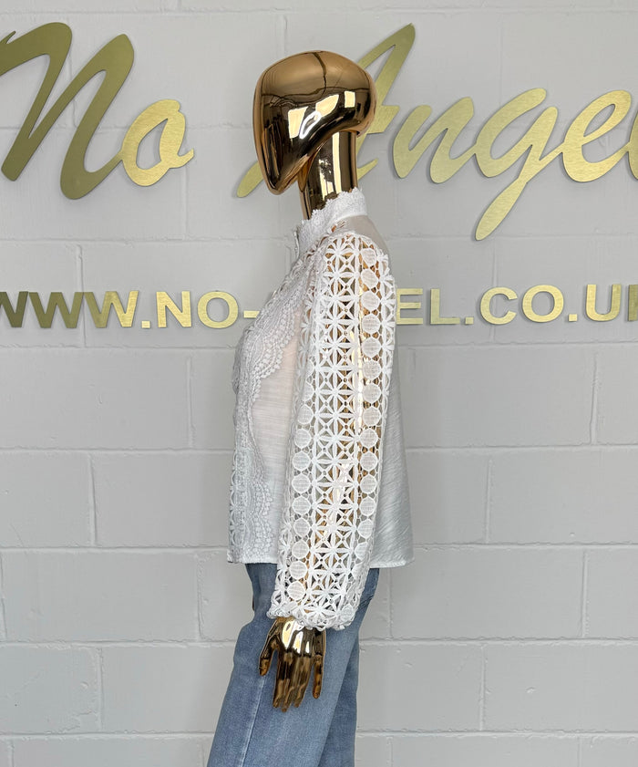 White Long Sleeve Laser Cut Button Up Shirt
