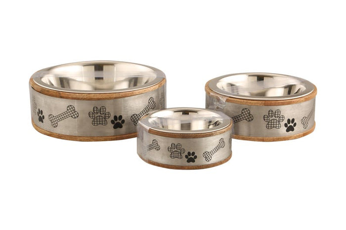 Wood and Metal Sleeve with Paw Bowl- Silver
