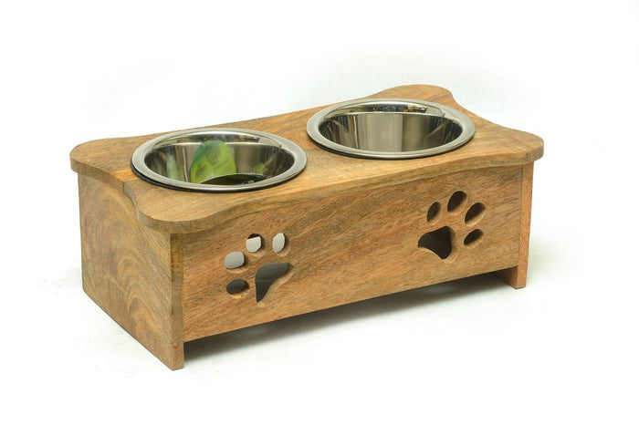 Wooden Double Pet Bowl with Paw Design – Mango Wood Feeder with Stainless Steel Bowls & Non-Skid Base