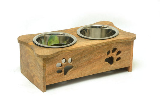 Wooden Double Pet Bowl with Paw Design – Mango Wood Feeder with Stainless Steel Bowls & Non-Skid Base