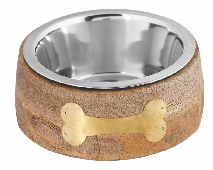 Wooden Pet Bowl with Copper Bone | Mango Wood Dog Feeder | Removable Stainless Steel Bowl | Non-Slip | 3 Sizes