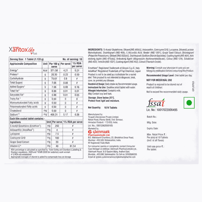 Xantox Glo Plus Tablet 1 Strip of 10 tab