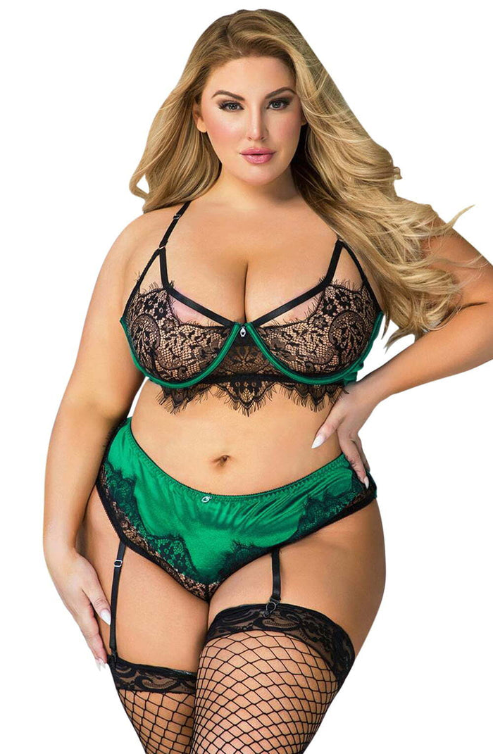 YesX YX957Q Black/Emerald Bra Set SIZE XL/2XL 3XL/4XL